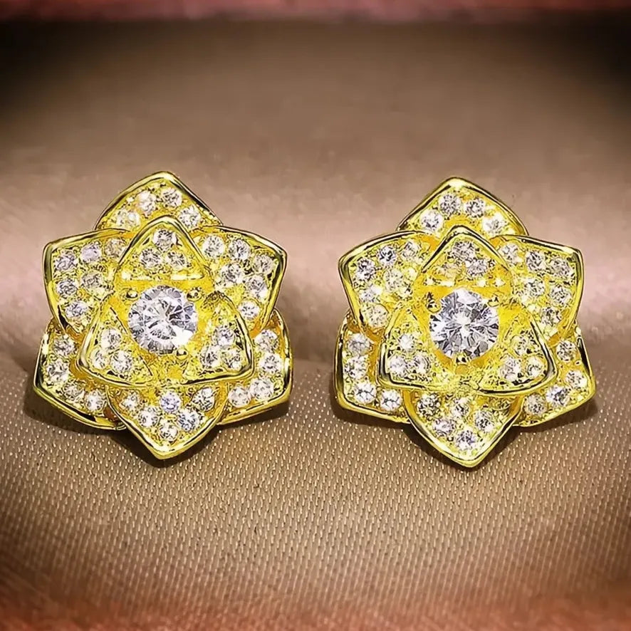 Geometric Flower Cubic Zirconia Stud Earrings Silver Gold Bridal Jewelry