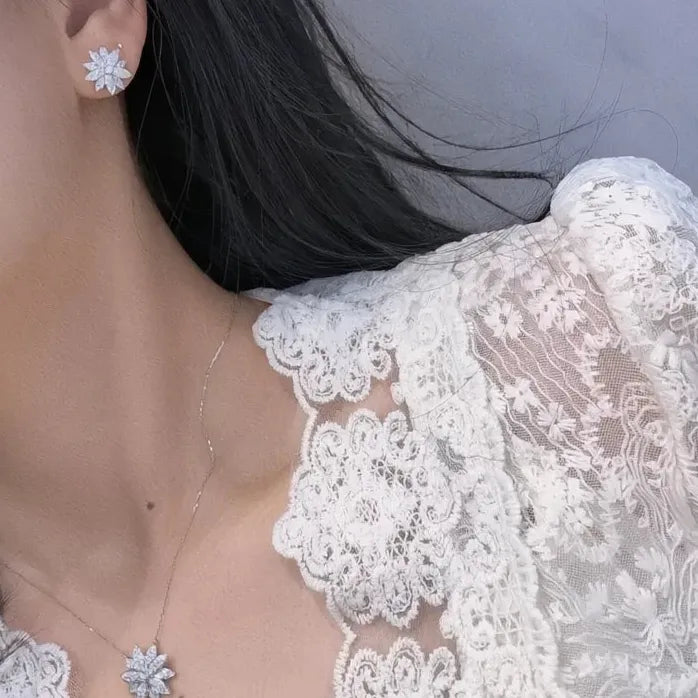 Geometric Crystal Flower Stud Earrings Copper CZ Sparkling Jewelry Gift