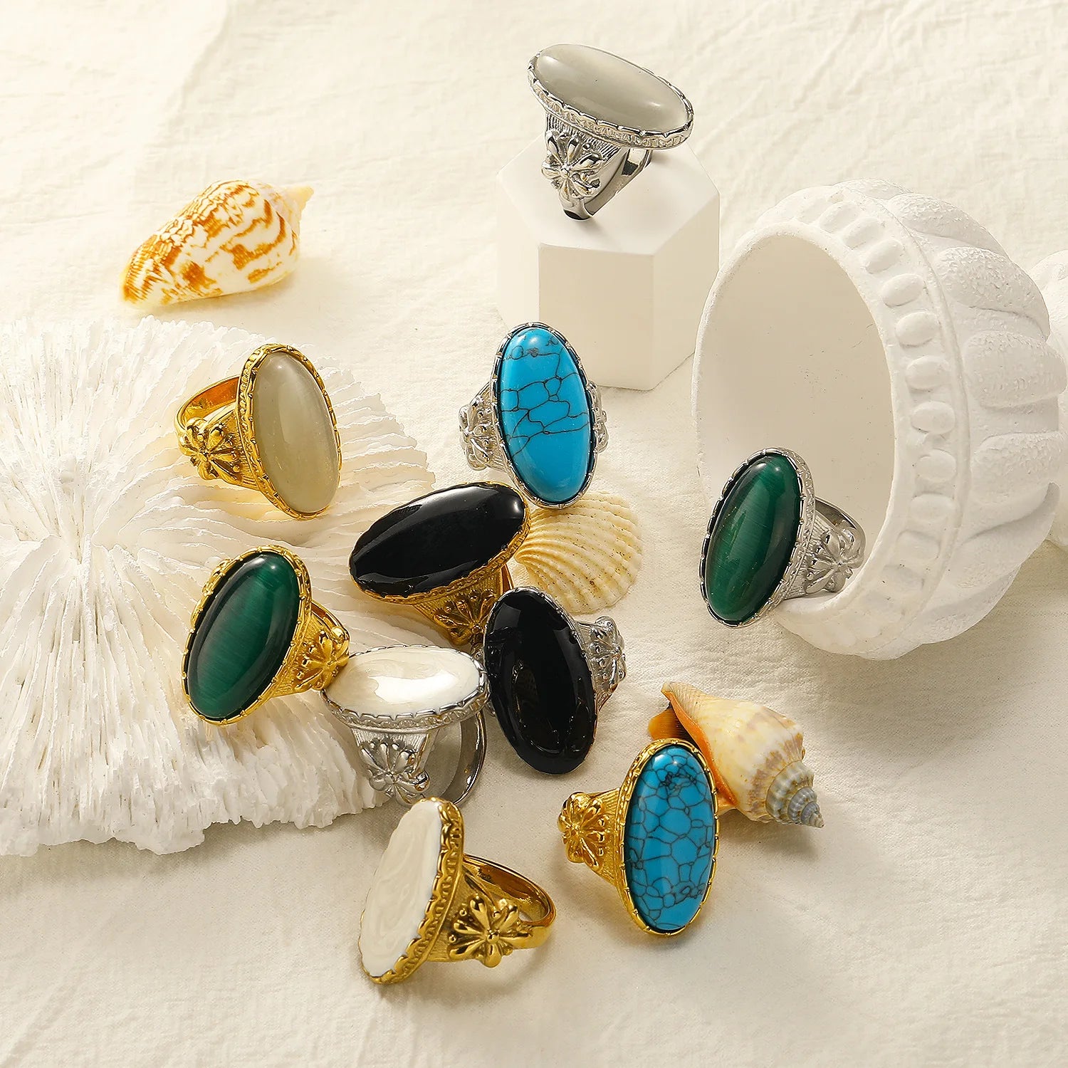 18k Gold Plated Stainless Steel Gothic Turquoise Opal Oversize Knuckle Ring