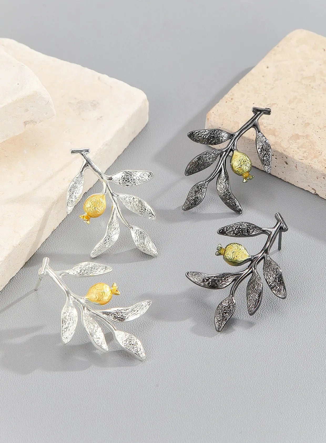 Elegant Blooming Flower Silver Color Pomegranate Fruit Leaves Branch Dangle Earrings for Women Zinc Alloy