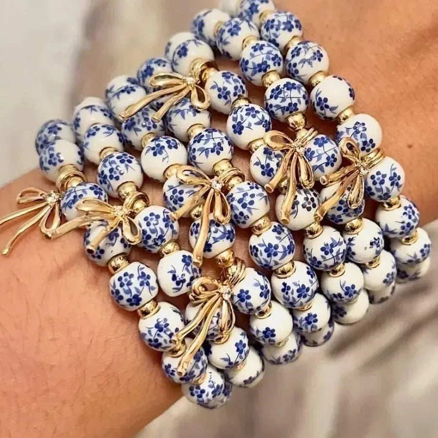 Handmade Blue White Porcelain Beads Bracelet Bowknot Pendant Adjustable Elastic Bangle for Girls