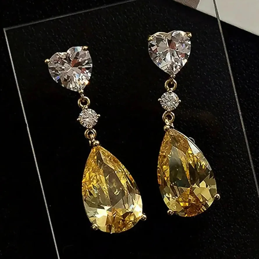 Yellow Cubic Zirconia Water Drop Pendant Earrings for Women Wedding Jewelry Copper