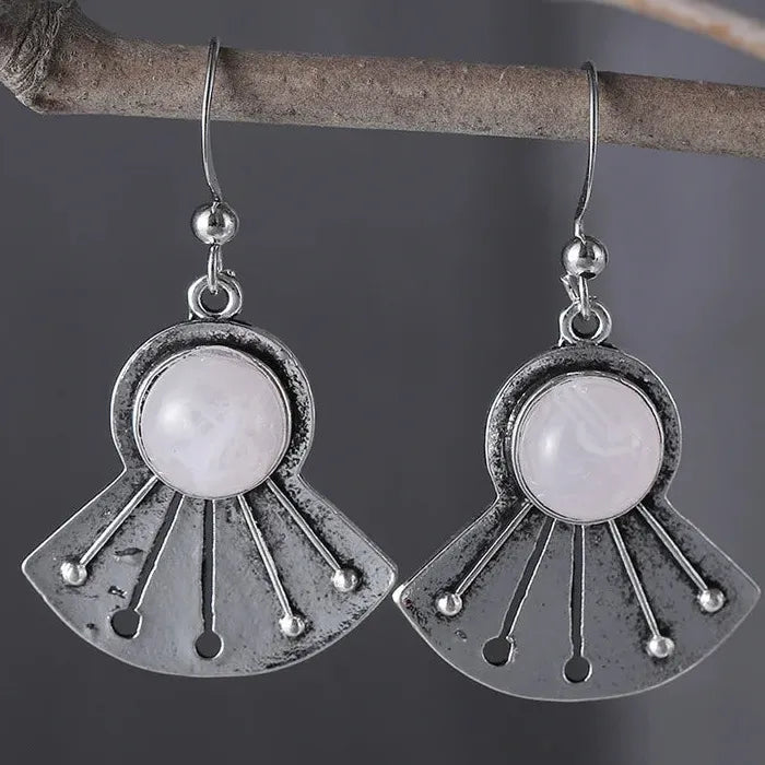 Vintage Zinc Alloy Carved Flower Fan-Shaped Earrings with Pink Gemstone Pendant for Women