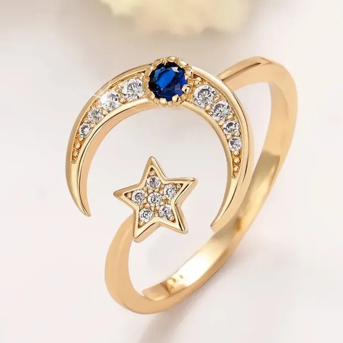 Adjustable Star and Moon Brass Ring with Cubic Zirconia for Women