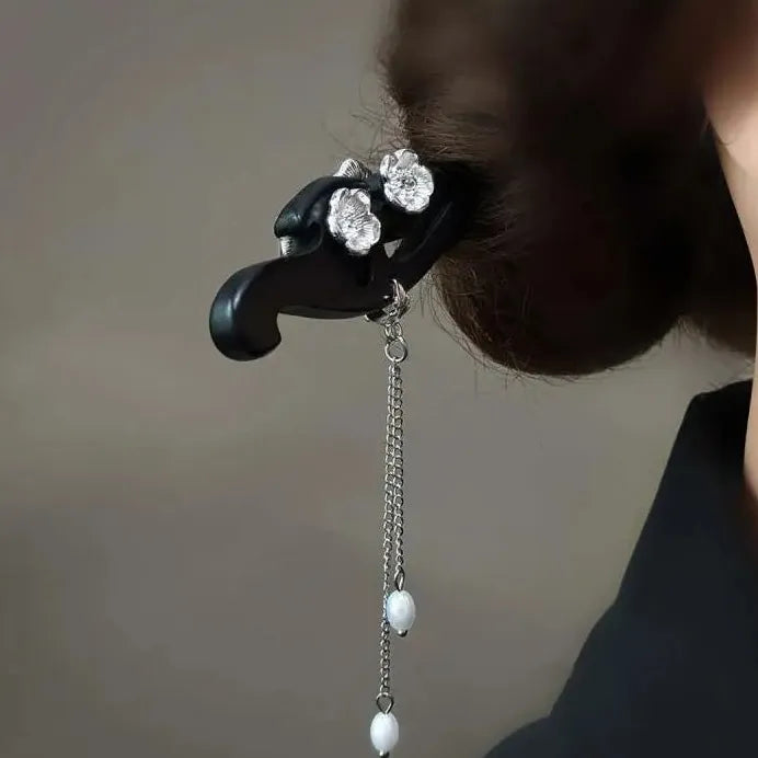 Wooden Chinese Style Flower Tassel Hair Stick with Pearl Pendant Hairpin