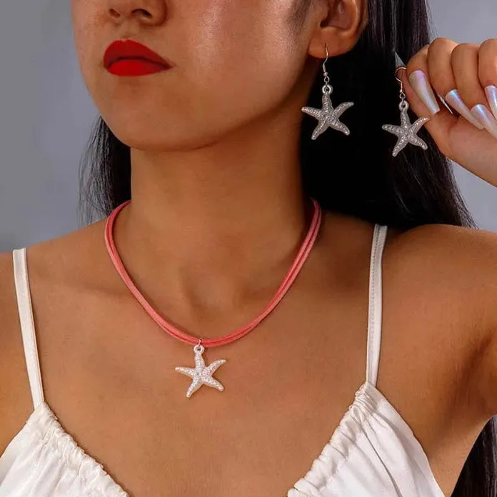 Bohemian White Starfish Pendant Necklace and Earring Set for Women Gifts