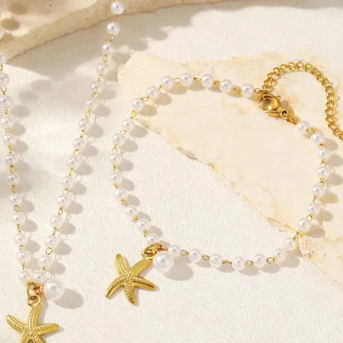 Stainless Steel Starfish Pearl Pendant Necklace Set for Women Gold Chain Gift
