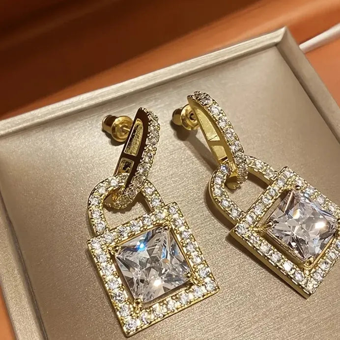 Gold Lock Drop Earrings with Shiny Cubic Zirconia for Women