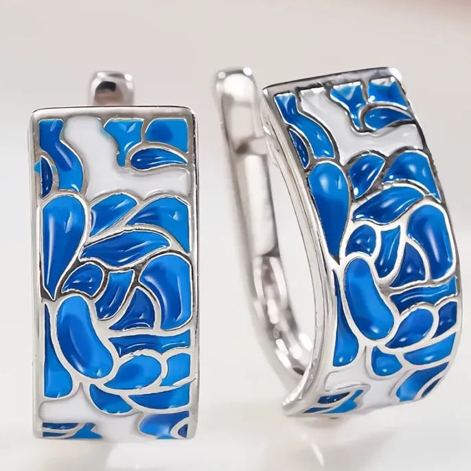 Geometric Hoop Earrings for Women with Blue Flower Design Elegant Jewelry
