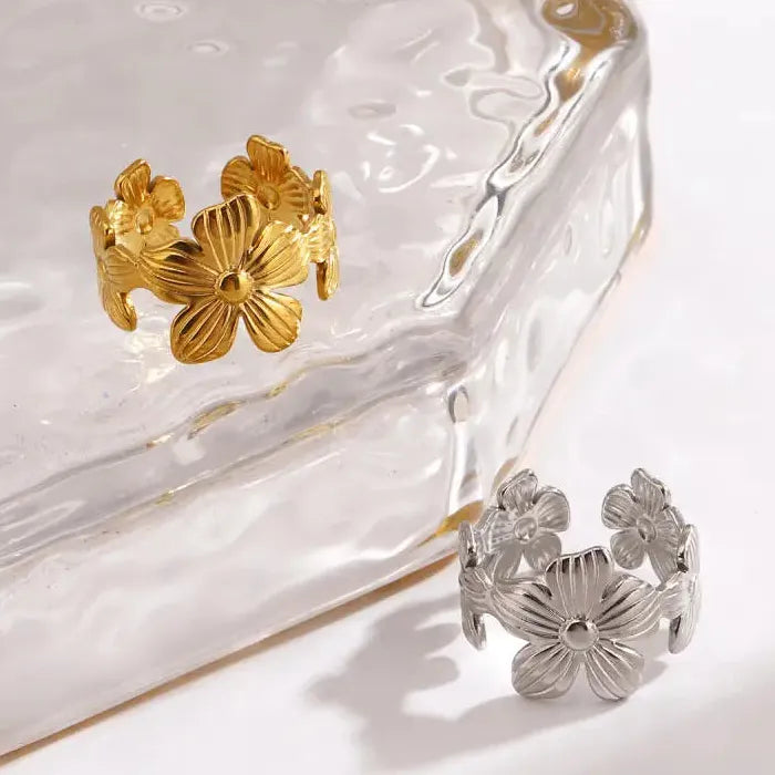 Adjustable Stainless Steel Flower Plant Ring for Women and Girls Jewelry