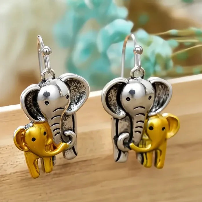 Vintage Brass Mother and Baby Elephant Dangle Earrings for Women Gift