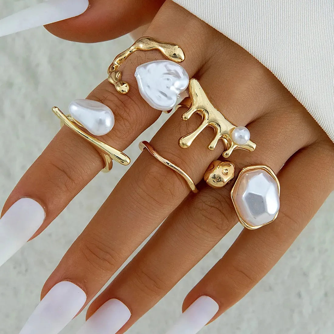5Pcs Retro Baroque Pearl Asymmetric Geometric Gold Rings Set for Women Jewelry