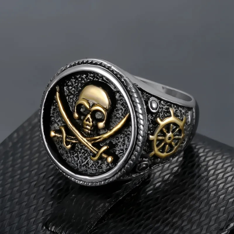 Vintage Men's Pirate Skull Double Knife Signet Ring 316L Stainless Steel Gold Silver Compass Goth Punk US 7-13