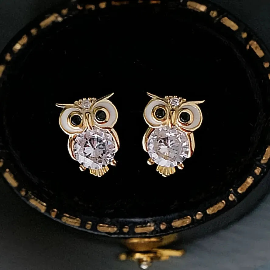 Gold Color Owl Stud Earrings Women Cubic Zirconia Night Owl Jewelry Cute Gift Party