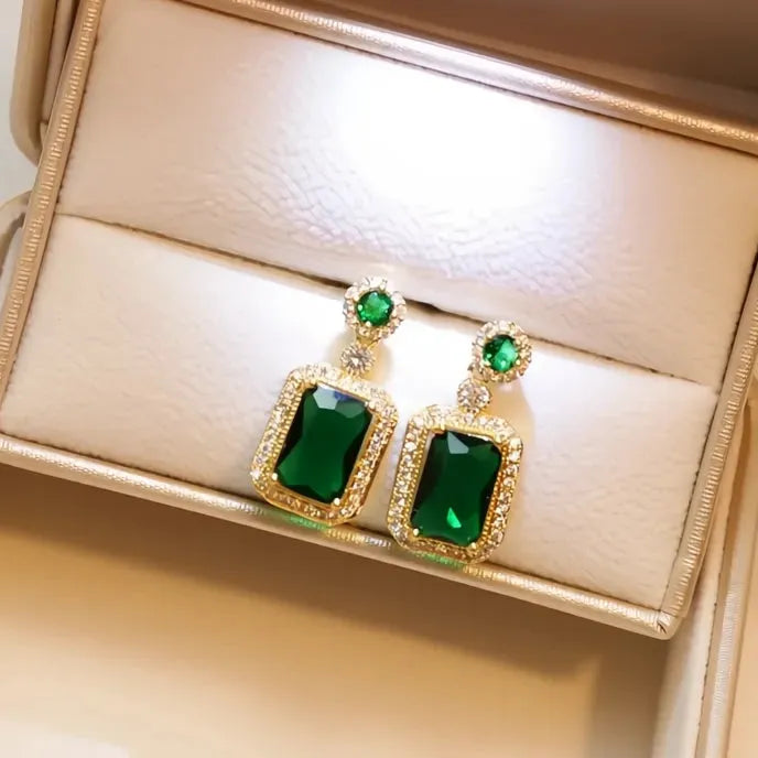 Full Bling Iced Out Blue Green Cubic Zirconia Geometric Drop Earrings for Women Wedding Party Jewelry Copper Alloy