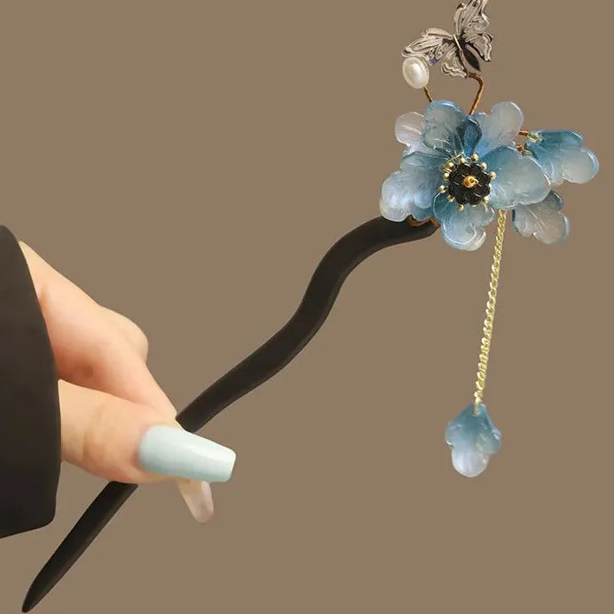 Elegant Wooden Hair Sticks for Women Chinese Style Floral Tassel Vintage Fork