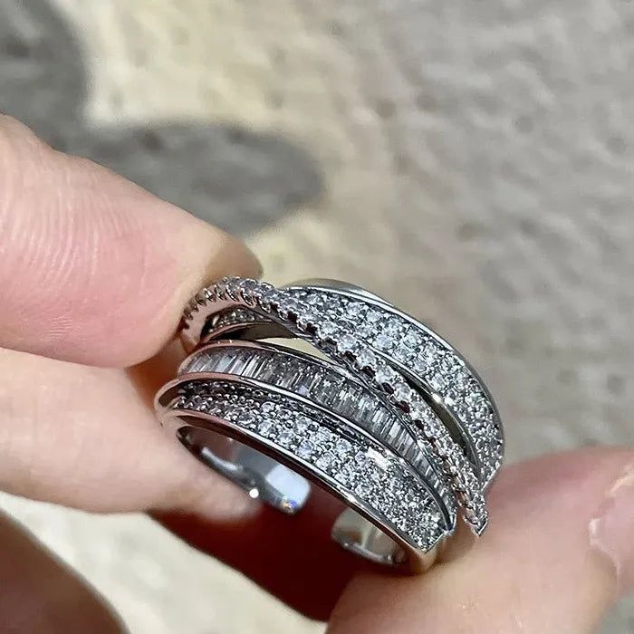 2026 Silver Rhinestone Multi-layer Winding Stainless Steel Wedding Ring Set
