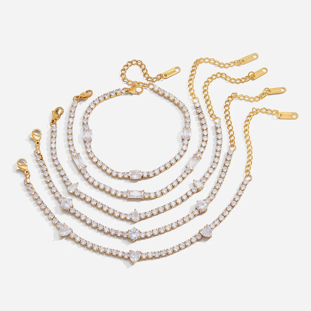 18K Gold Plated Stainless Steel Tennis Chain Bracelet CZ Zircon Fashion Jewelry Gift