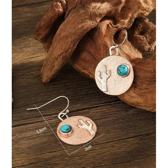 Vintage Silver Zinc Alloy Round Cactus Carved Drop Earrings for Women