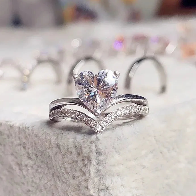 Silver Heart Ring Set for Women with White Zircon Stones Bridal Engagement Jewelry Gift
