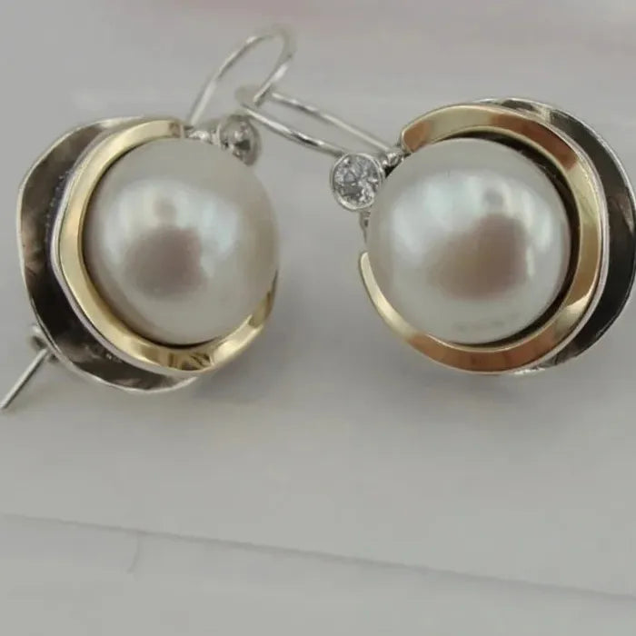 Vintage Two Tone Imitation Pearl Drop Earrings for Women Zinc Alloy Jewelry