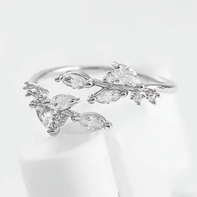 Women’s Wedding Ring Branch Leaves Opening 3 Metal Colors Brass CZ Band