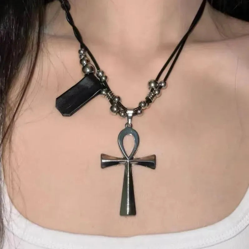 Crystal Cross Pendant Necklace Leather Choker Punk Gothic Hip Hop Unisex Jewelry
