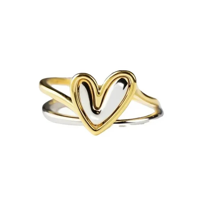 Romantic Two-tone Hollow Heart Brass Ring for Women Wedding Jewelry