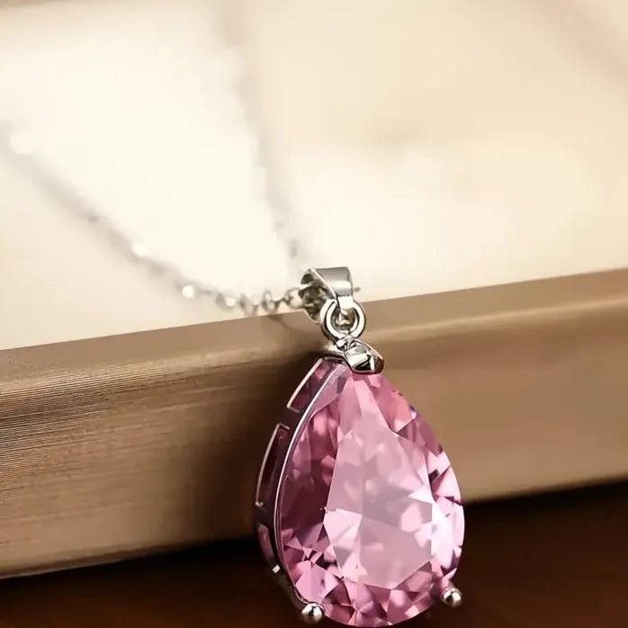 Copper Alloy Pendant Necklace with Pink Cubic Zirconia for Women