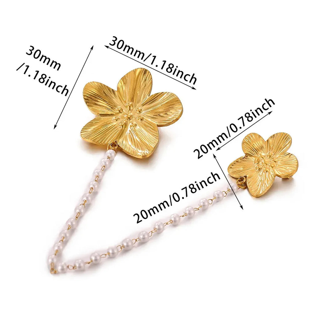 Stainless Steel Flower Brooch with Imitation Pearl Chain Pin for Women