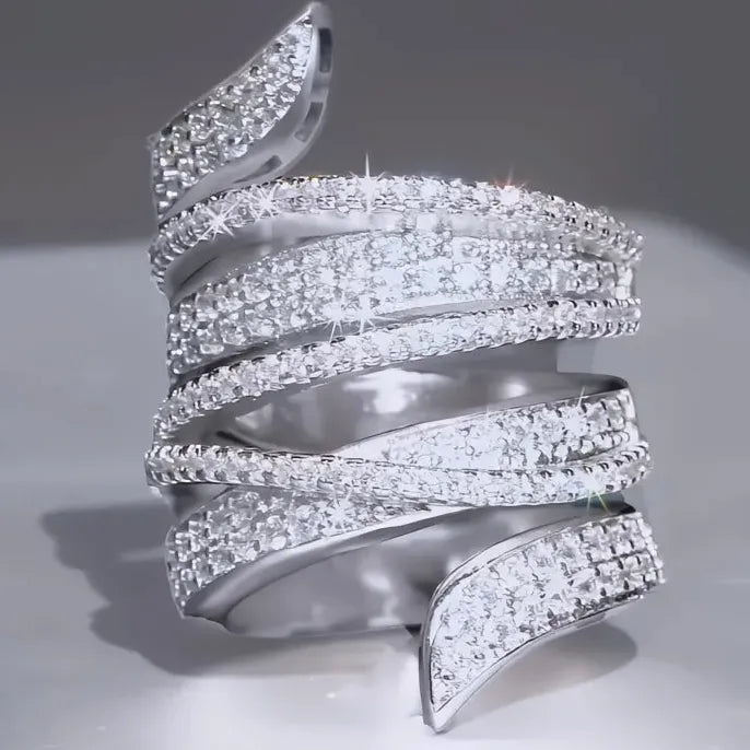 Hyperbole Wide Irregular Shaped Ring for Women Full Cubic Zirconia Sparkling Fashion Jewelry