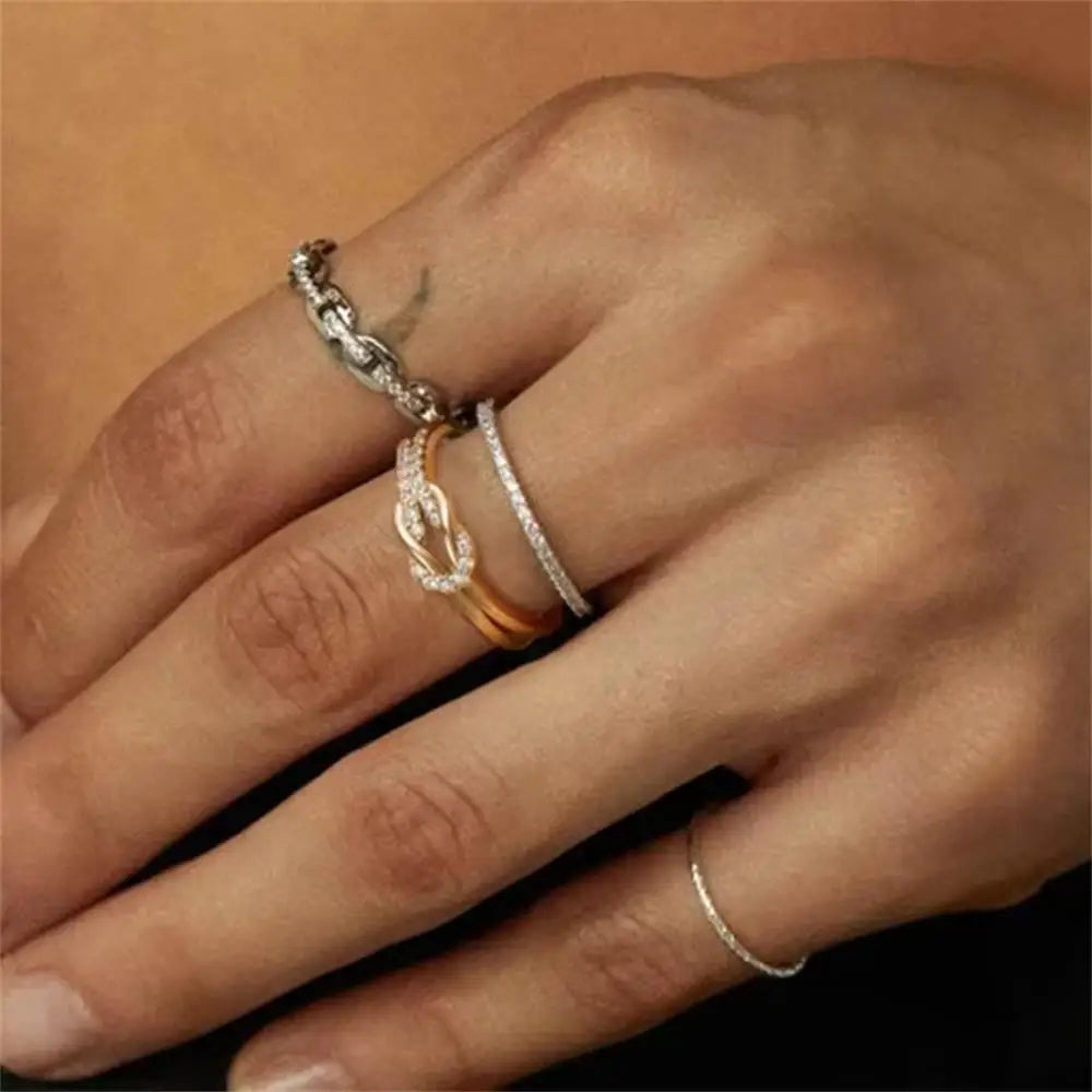 Gold Plated Vintage Flower Petal Hollow Ring Women Zircon Knot Bow Wedding Jewelry