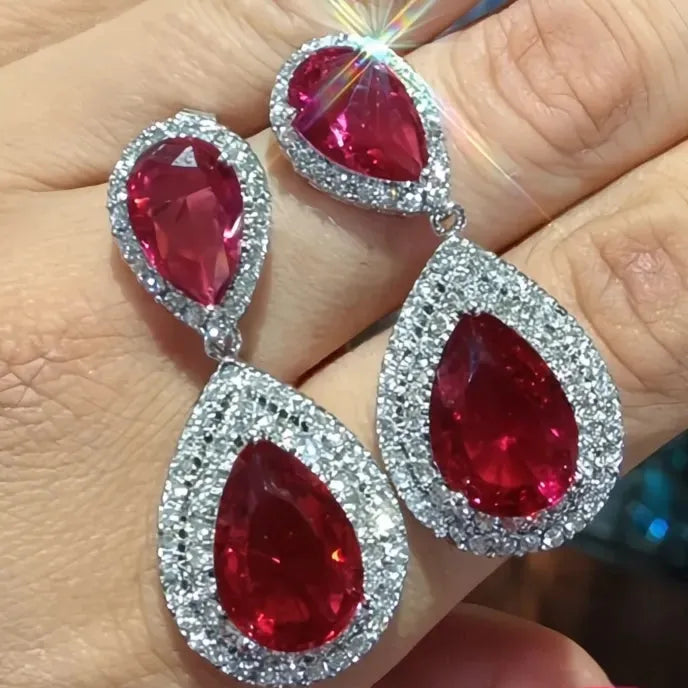 Red Cubic Zirconia Geometric Drop Earrings for Women Wedding Anniversary Gift Luxury Jewelry Copper Alloy