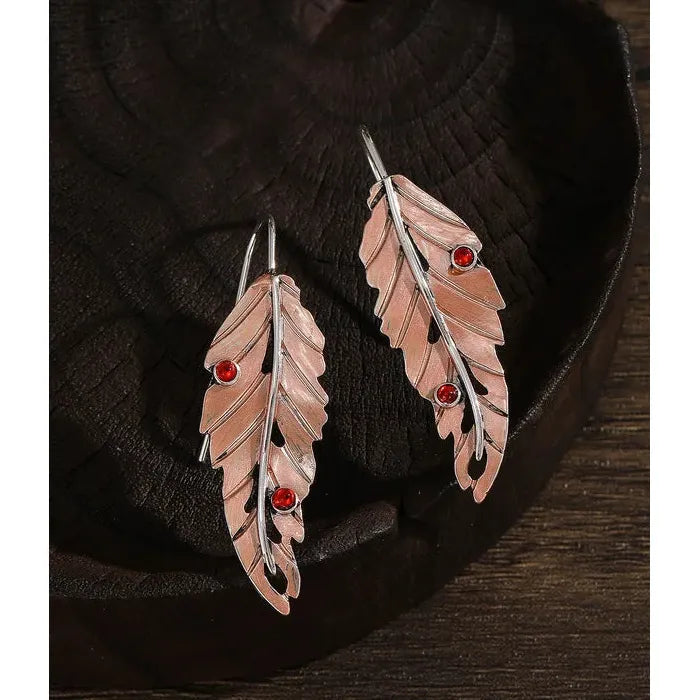 Vintage Metal Geometry Leaf Pendant Earrings with Red Stone Inlay for Women