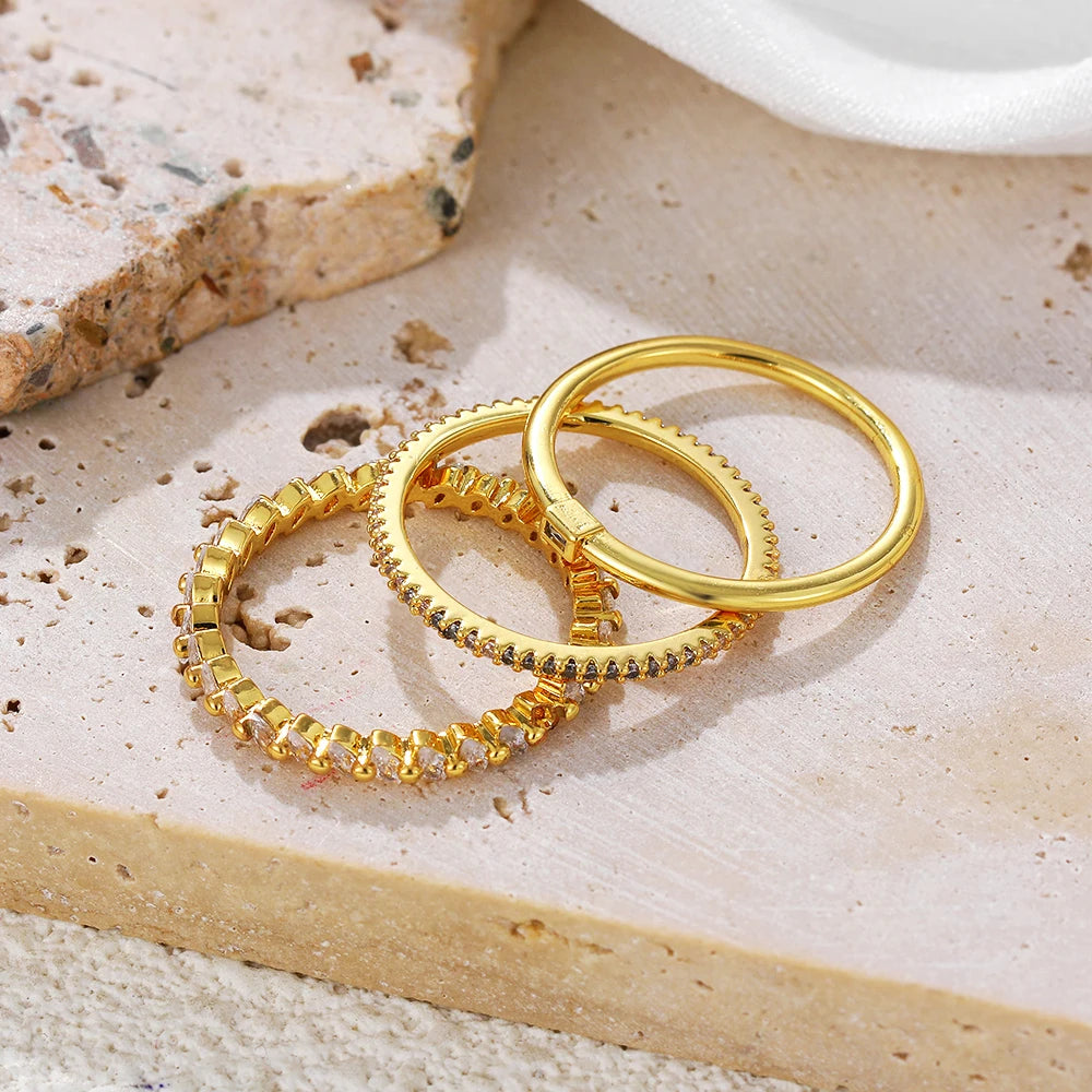 3Pcs Thin Round Stainless Steel Rings 18K Gold Plated CZ Zircon Wedding Jewelry for Women