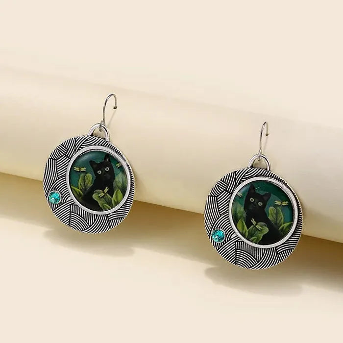 Vintage Round Black Cat Drop Earrings for Women Zinc Alloy Green Leaf Dangle
