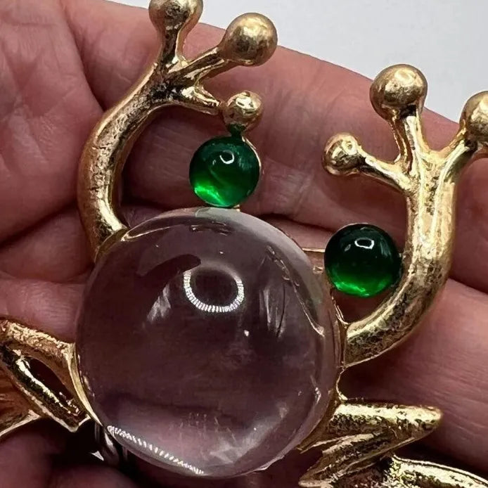 Green Lucite Frog Brooch Pin with Imitation Pearl Retro Toad for Women