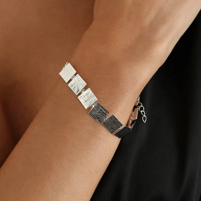 Brushed Metal Retro Square Necklace Bracelet Earrings Set for Women Jewelry Gift