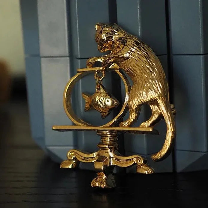 Vintage Cat Fishing Brooch Gold Plated Antique Jewelry Pin Gift for Women