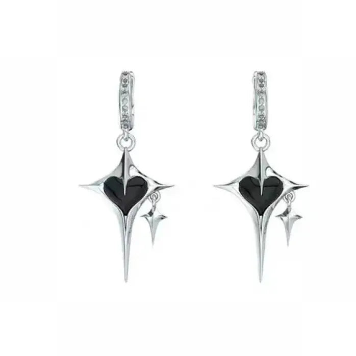 Star Cross Drop Earrings Black Zircon Heart Jewelry for Women Girls