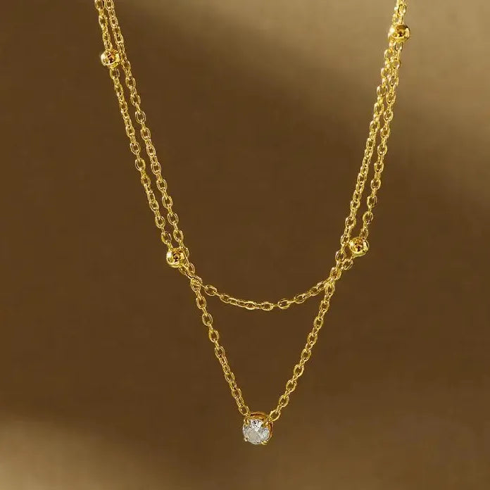 Stainless Steel Zircon Circle Pendant Necklace for Women Double Layer Durable Chain Waterproof
