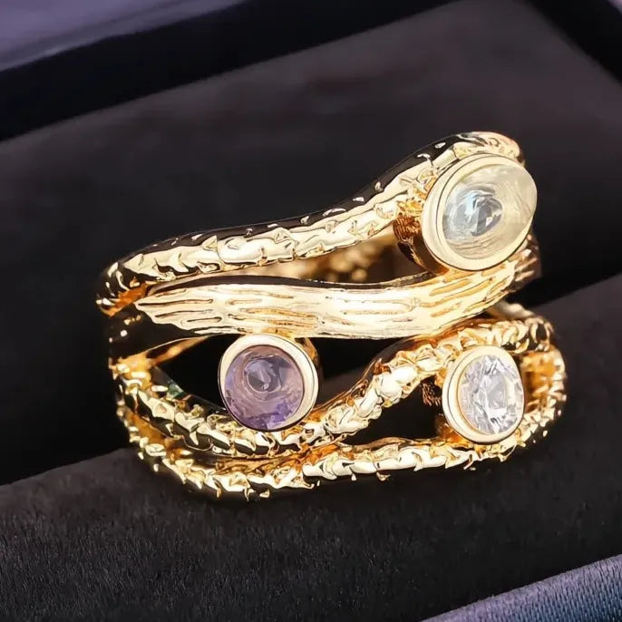Women’s Irregular Geometric Zinc Alloy Ring with Colored Glass Stone Wedding Band