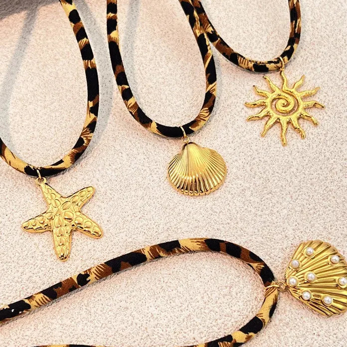 18K Gold Plated Starfish Pendant Necklace Women Spiral Sun Shell Choker Jewelry
