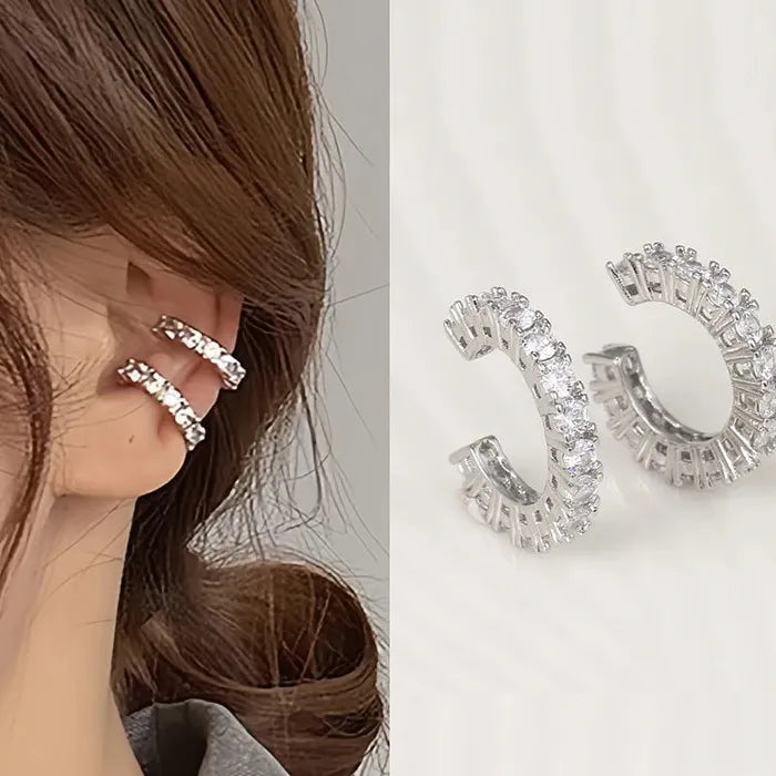 2Pcs Zinc Alloy Full Rhinestone Geometric C Shape Clip Earrings Women