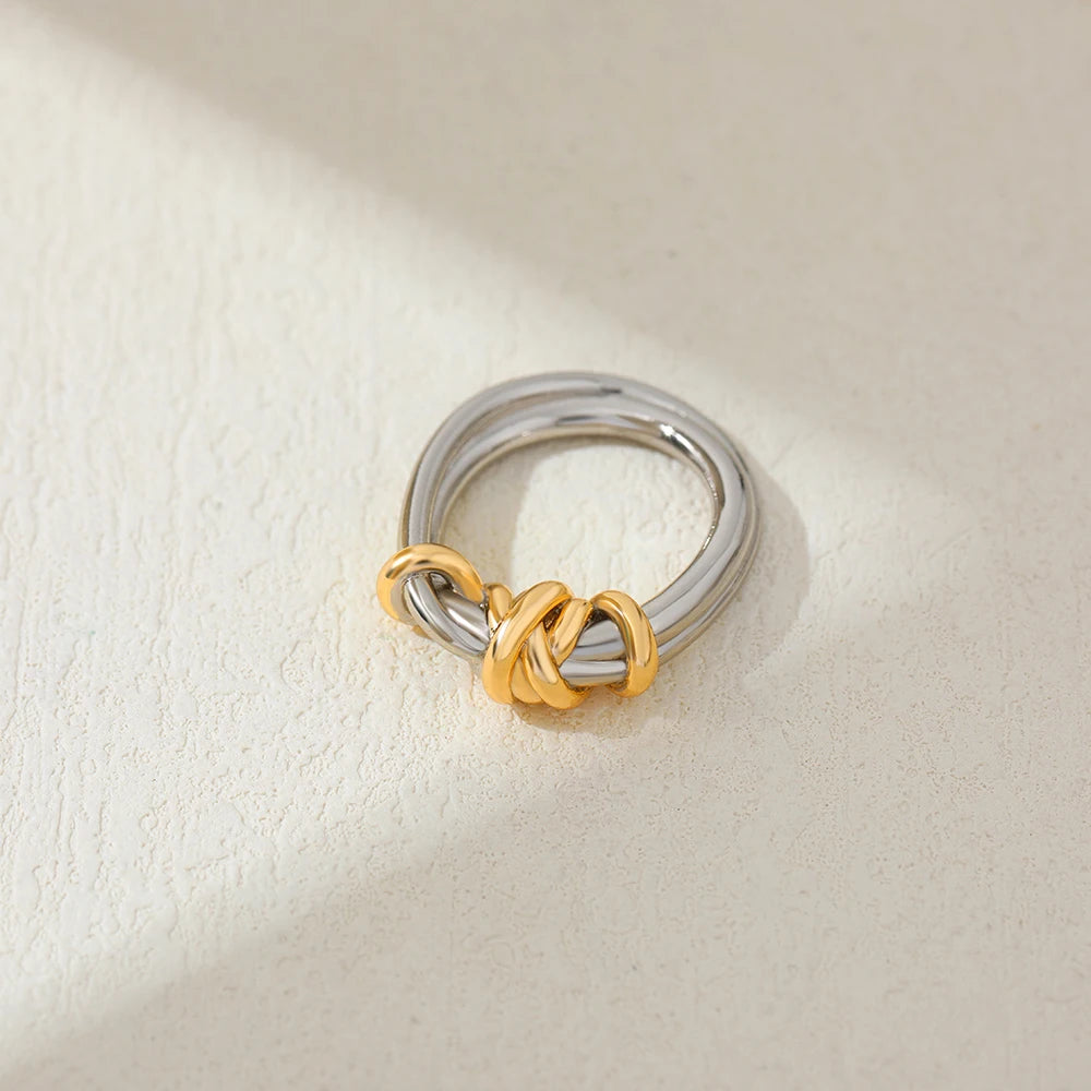 18k Gold Plated Stainless Steel Two Color Rope Spiral Geometric Ring for Women