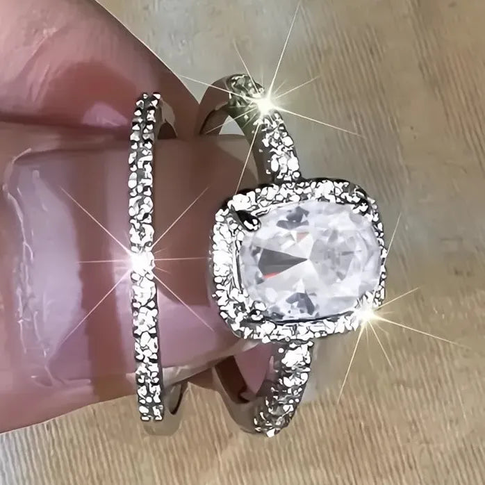 Elegant 2Pcs Women Bridal CZ Inlaid Geometric Wedding Engagement Ring Set