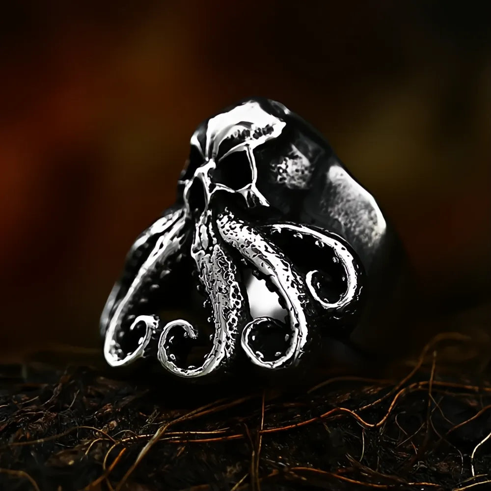 Stainless Steel Skull Octopus Ring | Viking Pirate Gothic Biker Ring for Men