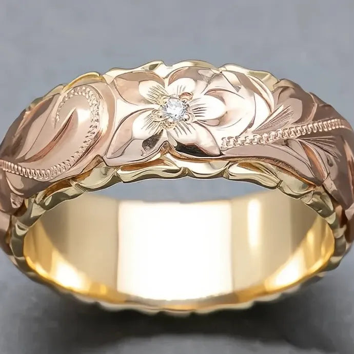 Two Tone CZ Flower Ring Brass Geometric Cocktail Party Jewelry Elegant
