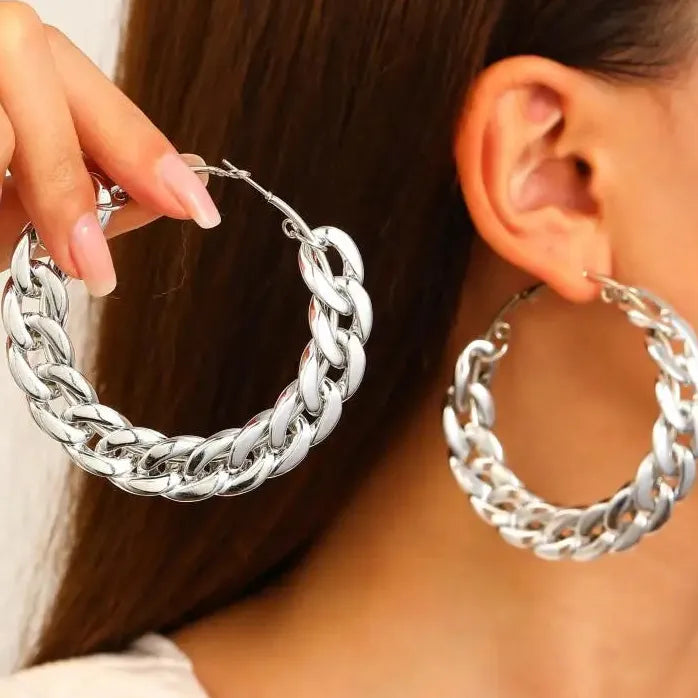 Round Thick Chain Hoop Earrings for Women Big Geometric Statement Jewelry