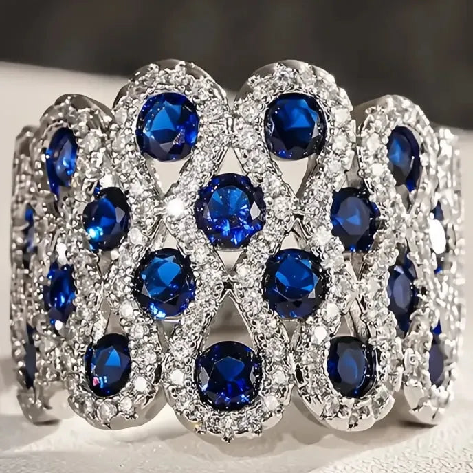 Delicate Women’s Geometric Cocktail Ring Brass Blue Cubic Zirconia Fashion Jewelry